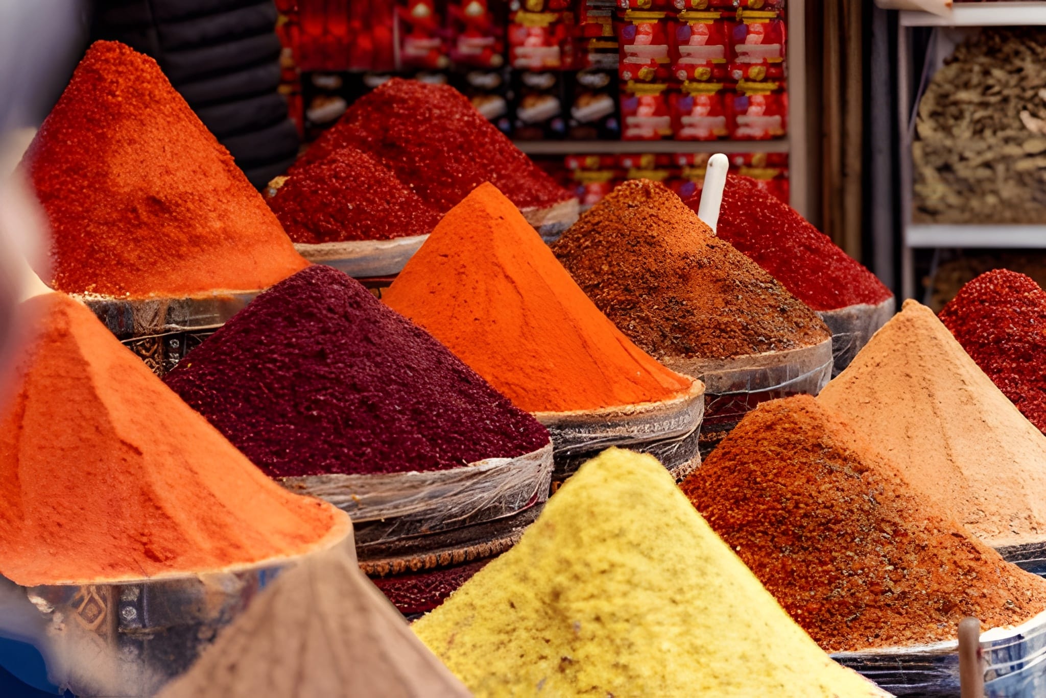 Freshly ground certified organic spice powders including turmeric and chili powder